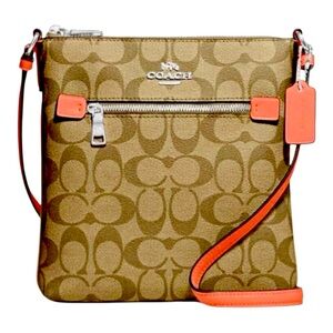 Coach Mini Rowan File Bag Signature Canvas Silver Khaki Tangerine Crossbody
